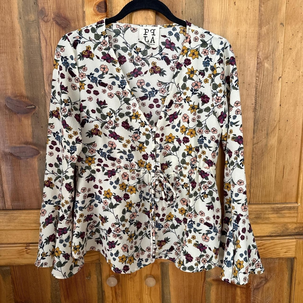 PPLA Cream Bell Sleeve Blouse with Tie Front